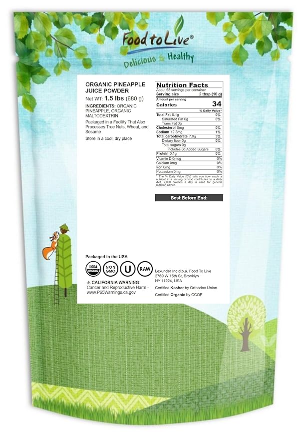 Food to Live - Organic Pineapple Powder, 1.5 Pounds - Non-GMO, Made from Raw Dried Fruit, Unsulfured, Vegan, Bulk, Great for Baking, Juices, Smoothies