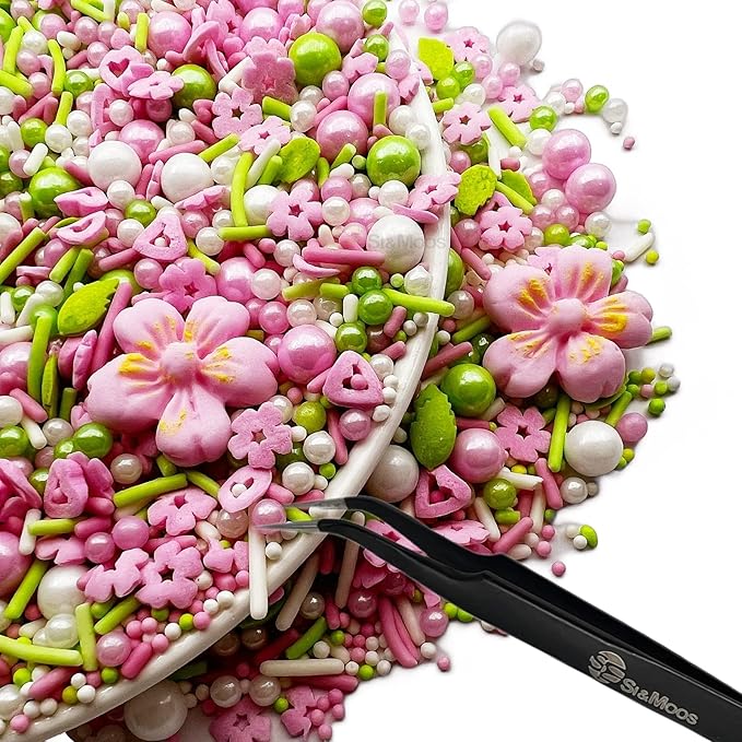 Edible Pink Flowers for Cake Decorating Edible Mini Sugar Flowers Pink and Green Pearl Sprinkles Spring Sprinkles Baby Shower Cake Decorations Christmas Cookie Decorations 3.5 OZ with Tweezers