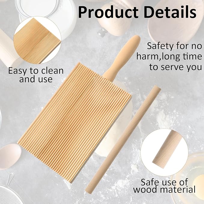 Gnocchi Boards and Ravioli Rolling Pin, Wood Gnocchi Pasta Making Tools Curved Gnocchi Board Paddle Roller for Homemade Pasta for Pasta Lovers Baking