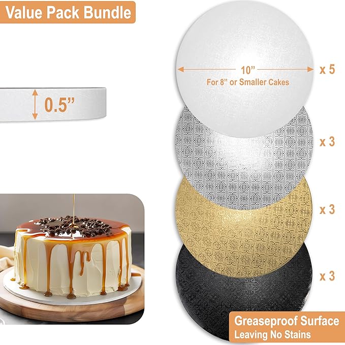 BOARDS+ 14 Pack Cake Drums 10 inch in White, Silver, Gold, Black Color | Free Prop Up Tools | Sleek Greaseproof 1/2" Thick Cake Rounds | Sturdy for Heavy/Tiered Cakes