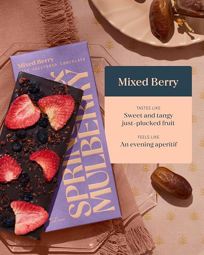 Spring & Mulberry Dark Chocolate Bars – Healthy Dark Chocolate, Date-Sweetened - Mixed Berry 12 Pack
