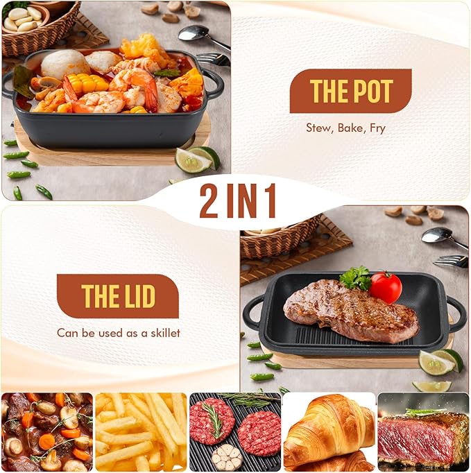 2 in 1 Cast Iron Bread Loaf Pan with Lid and Oak Serving Board, 14 x 7 Inch Covered Baking Set for Homemade Bread, Meatloaf, Ideal Gift for Home Cooks, Bakers, Family, Cooking Enthusiasts