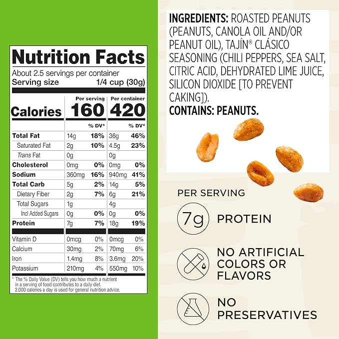 Snak Club Tajin Peanuts, Roasted Nuts with Chili and Lime Seasoning, Mild, Gluten-Free, Kosher Snacks, No Artificial Colors or Flavors, Low Cholesterol, 2.75 oz Snack Bags, 12 Pack