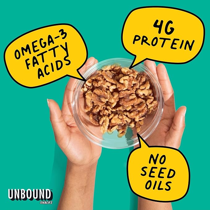 Unbound Snacks Flavored Nuts - Butter Toffee Walnuts, 4 oz (Pack of 4) - Healthy Snacks, 4g Protein, 3g Sugar, High in Omega 3, Gluten Free, Vegan - Freshly Roasted & Seasoned Gourmet Walnut Halves