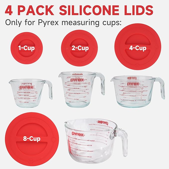 4 Pack Silicone Replacement Lids, Respectively Fits Pyrex 1-Cup, 2-Cup, 4-Cup & 8-Cup Tempered Glass Liquid Measuring Cups, Reusable & Food-Grade, Dishwasher & Microwave Safe (Cups not Included)