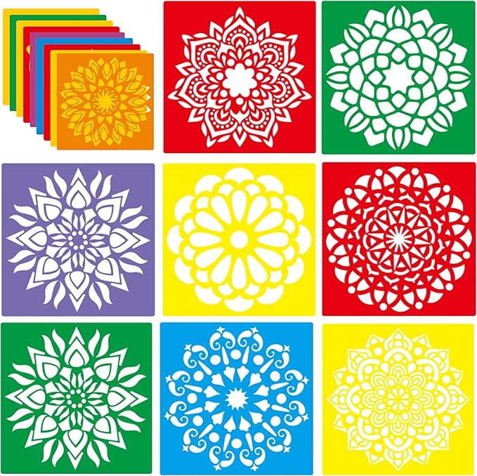 24 Pieces Stencils,Large Drawing Stencils Chalk Template,8 Inches Washable Shape Template Kit for Crafts,Painting Drawing(Mandala, 8 inch)