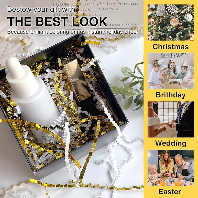 2LB Crinkle Paper Shred Filler for Bag Gift Box Basket Paper Shreded Stuffing Decoration in Party (White & Gold)