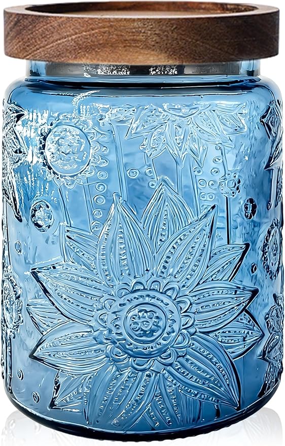 Glass Jar with Airtight Wood Lid – 24 OZ Kitchen Pantry Bathroom Storage Canister, Decorative Vintage Container for Candy, Salt, Coffee, Cookie, Cereal, Nuts, Oats, Flour, Sugar, Tea, Blue Sunflower