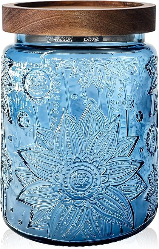 Glass Jar with Airtight Wood Lid – 24 OZ Kitchen Pantry Bathroom Storage Canister, Decorative Vintage Container for Candy, Salt, Coffee, Cookie, Cereal, Nuts, Oats, Flour, Sugar, Tea, Blue Sunflower
