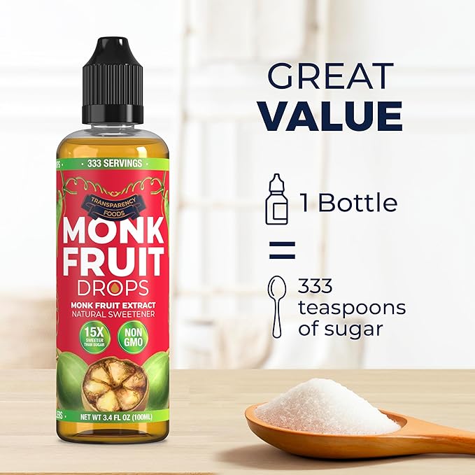 Monk Fruit Extract (6 Drops = 1 Tsp of Sugar) Zero Calories, Non-GMO, No Fillers - Liquid Monk Fruit Sweetener No Erythritol by Transparency Foods NEW FORMULA (10.2 oz, 999 servings)