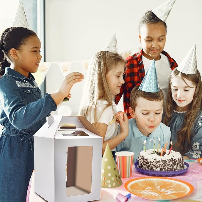 KBG Tall Cake Boxes 6pcs 14x14x16 and 16x16x18 Inches White With Window for Tier Cakes, Wedding, Birthday Transport - Large With Handle, Disposable Containers