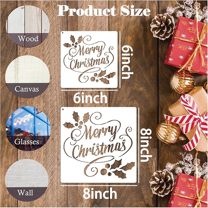 Christmas Stencils for Painting on Wood Reusable Snowflake Large Merry Christmas Pine Tree Nativity Holiday Stencil Snow Templates for Wood Sign Window Floor Crafts Doormats(Christmas Words)