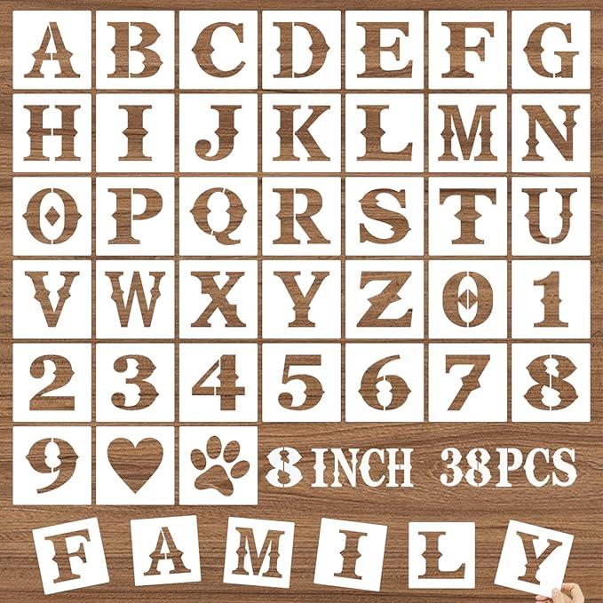 8 Inch Letter Stencils and Numbers, 38 Pcs Alphabet DIY Craft Stencils, Reusable Plastic Drawing Templates for Painting on Wood, Wall, Fabric, Rock, Floor, Signage, Door Porch
