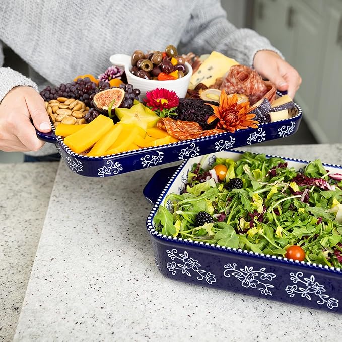 Temp-tations by Tara Baking Pans Set - 9x13" Set of 2 Blue Floral Lace Bakeware Sets with Casserole Dish for Oven and Serving Dish for Lasagna, Pies, Meatloaf, Hand-Painted Ceramic Casserole Oven Pan