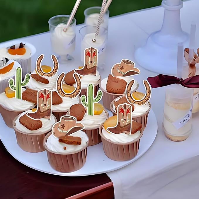 40Pcs Edible Cowboy Cupcake Toppers Glitter Cowgirl Hat and Boot Cupcake Toppers Picks Western Theme Baby Shower Kids Birthday Party Supplies