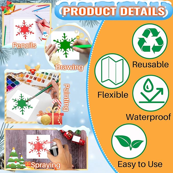 Christmas Stencils 8 PCS Snowflake Stencil Plastic Reuseable Stencils Xmas Deco for Painting,Spraying,Drawing on Wall,Wood,Flag,Paper,Glass