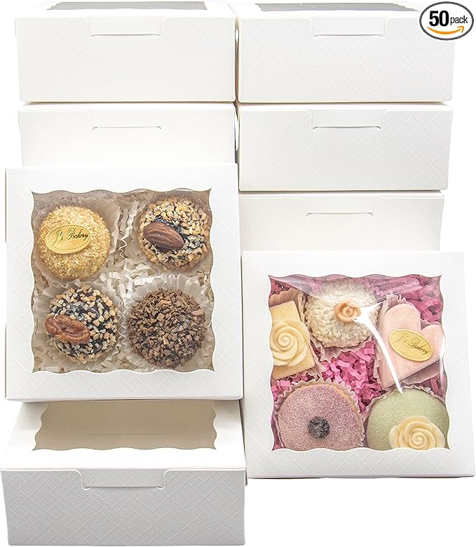 QULIT 50pcs 5x5x2 Inch Cookie Boxes with Window White Bakery Boxes Pastry Boxes for Macaroon Dessert Cupcake Donut Pastry Muffins
