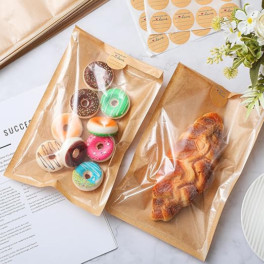 Outus 100 Pcs Cookie Packaging Bags with Seal, 6 x 10 Inch Bakery Pastry Bags with Window, Heat Sealable Grease Resistant Paper to Go Bake Sleeves for Gift Giving Donut Bread Sandwich (Brown)