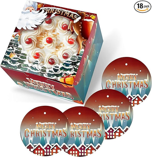 qiqee Christmas 6x6x5 Cake Box, 18 Sets Christmas Cake Box with Window ＆ 18 Sets 6" Christmas Snow House Cake Round Boards, 6inch Cake Containers