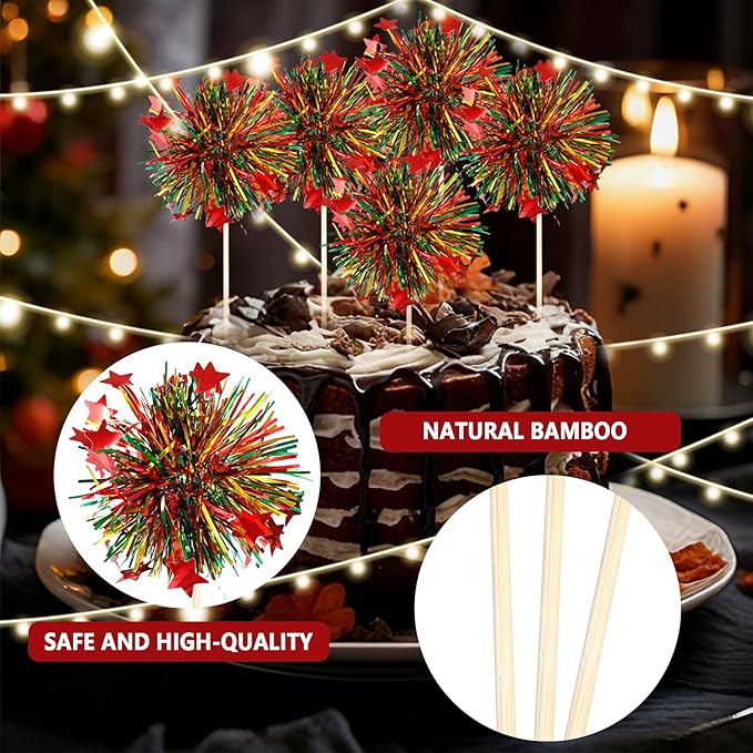 24Pcs Christmas Cupcake Toppers, Merry Christmas Foil Firework Cupcake Toppers Tinsel Drink Picks Winter Supplies Favor
