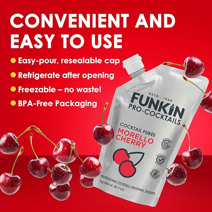 Funkin Fruit Puree | Real Fruit, Simple Ingredient, Natural Mixer for Cocktails, Drinks, Smoothies | Vegan, Non-GMO, Gluten-Free (2.2 lbs) (Morello Cherry)