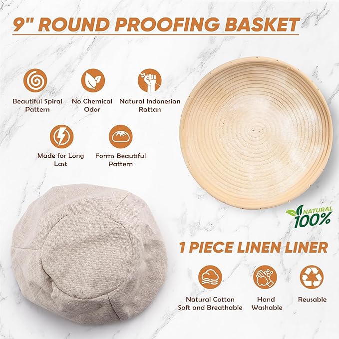 Complete Sourdough Starter Kit - 24 PCS 𝗣𝗥𝗘𝗠𝗜𝗨𝗠 Sourdough Bread Baking Supplies for Modern Kitchen, 9" Round Banneton Bread Proofing Baskets Making Tools for Beginners & HomeBakers