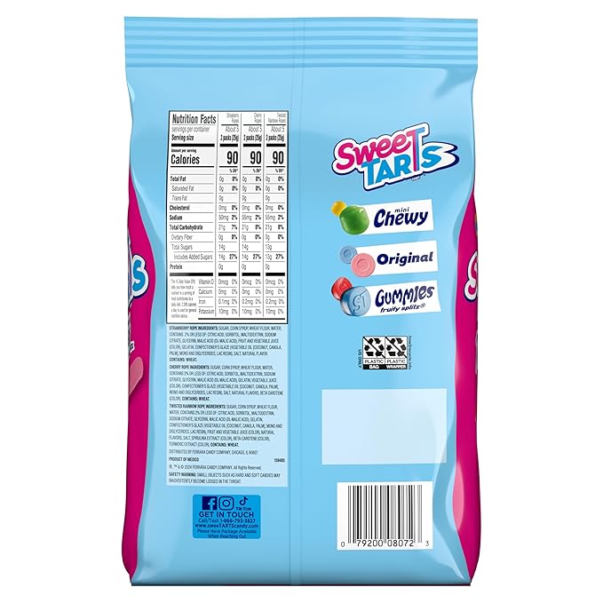 SweeTARTS Ropes Candy, Variety Mix, Cherry Punch, Twisted Rainbow Punch, Tangy Strawberry, Soft and Chewy, 15 oz