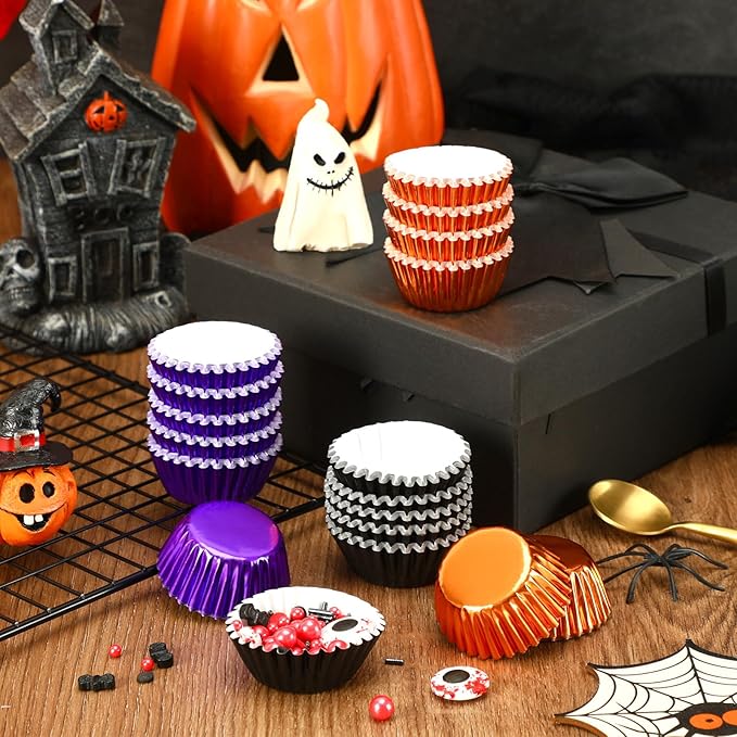AUGSUN 400pcs Halloween Mini Foil Cupcake Liners, Black Purple Orange Metallic Muffin Cupcake Wrappers for Halloween Holiday Birthdays Showers Party Cake Candy Chocolate Decorations Supplies