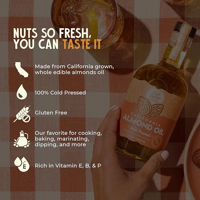 Fresh Vintage Farms 100% Cold Pressed Sweet Almond Oil | Nutrient-Rich Healthy Cooking Oil for Cooking, Baking, Grilling, Dipping, & Salads | Cold Pressed Almond Oil - 12.68 Fl oz, Pack of 2