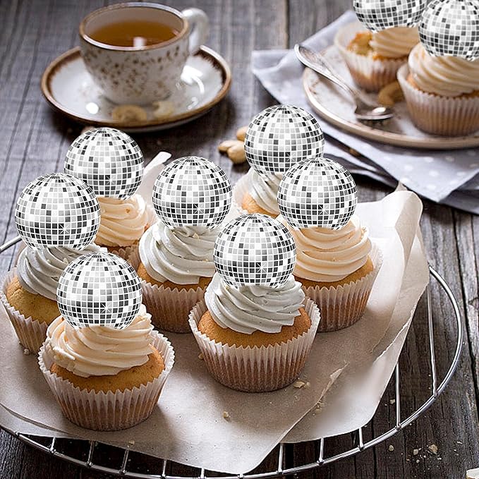 40Pcs Edible Sparkling Disco Ball Cowboy Hat Cupcake Topper Western Disco Ball Paper Cupcake Topper Selection Birthday Disco 2000s Theme Party