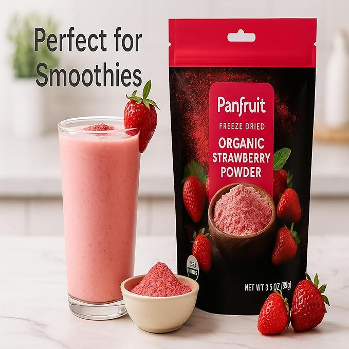 Panfruit Organic Freeze-Dried Strawberry Powder – No Sugar Added, Non-GMO, 100% Real Fruit – Ideal for Smoothies, Baking, Yogurt, and Desserts – 3.5 oz