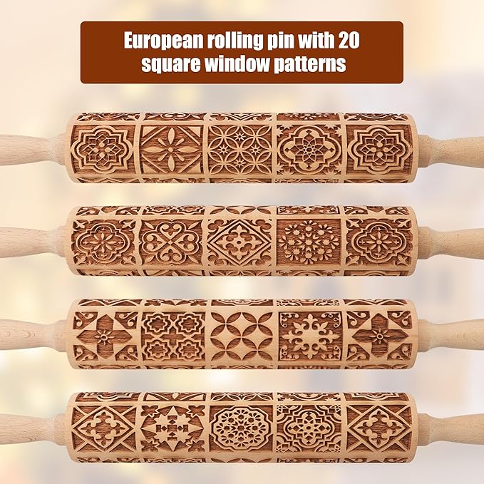 17" Premium Wooden Rolling Pins for Baking with European Embossed Designs | 3mm Deep Springerle Cookie Molds | Christmas Rolling Pin & Baking Gifts for Women | Includes 3-in-1 Cleaning Brush