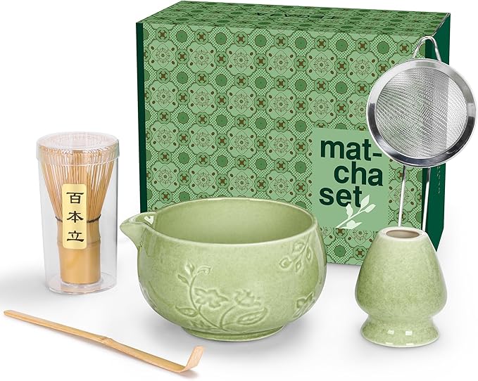 Matcha Whisk Set, Ceramic Matcha Set Includes Matcha Bowl, Matcha Whisk and Holder, Bamboo Scoop, Sifter 5 Pcs Matcha Kit for Matcha Lovers (Mottled Green)