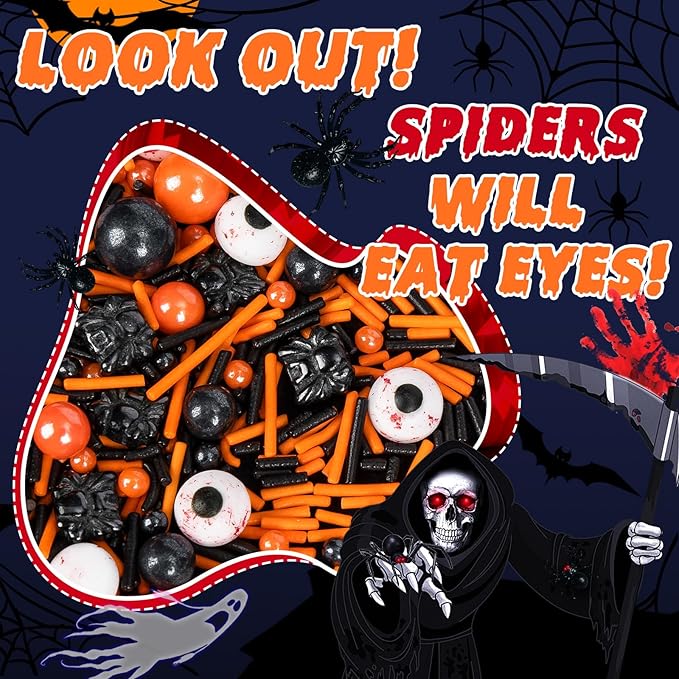 Edible Terrifying Sprinkles,Candy Bloody Eyeballs,Orange Pearls Black Spider Sprinkle Jimmies Mix,130g,Perfect for Cake Decorations,Baking,Ice Cream,Cookies,Cupcake Topper,Halloween Thanksgiving Christmas Supplies Children's Party
