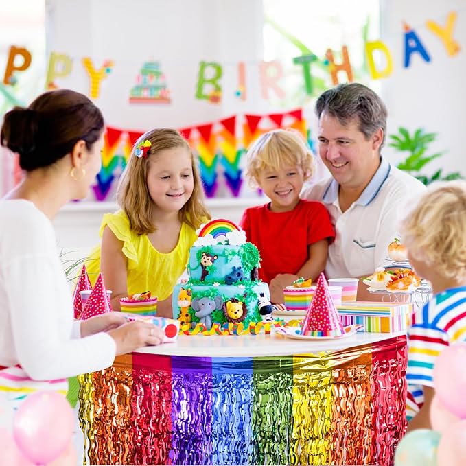 LOLStar Rainbow Party Decorations, 4 Pack Wavy Metallic Tinsel Foil Fringe Table Skirts, Perfect Table Decors for Birthday Holiday Wedding Engagement Bridal Shower Pride Party Cartoon Party