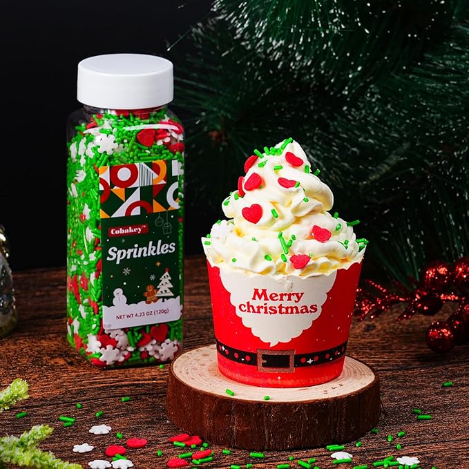 Christmas Red Heart Sprinkles for Cake Decorating 4.2 oz Edible Holiday Red Green and White Snowflake Confetti Sprinkles for Cupcake Topper Cookie Chocolate Cake Ice cream Decorations Baking Xmas Party