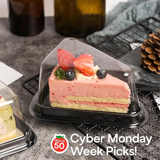 DoubleWave 50-Pack Clear Cake Slice Containers | BPA-Free, Stackable Dessert Holders for Parties, Weddings, and Special Events – Shatter-Resistant Plastic | Keeps Cake Fresh at Parties