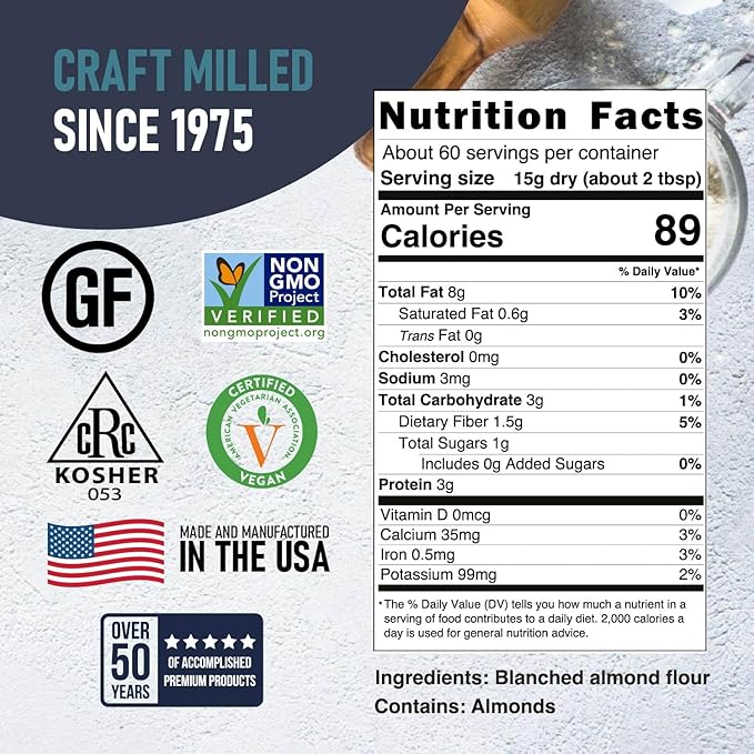 Great River Milling Blanched Almond Flour | Finely Ground Gluten Free Baking Alternative | Made from Whole Blanched Almonds | Non-GMO, Glyphosate Free, Kosher, Vegan Certified | 2 Lb