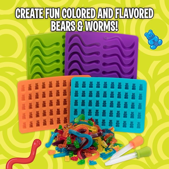 Gummy Bear & Worm Silicone Candy Molds (4pk) BPA-Free Nonstick Trays w 2 Droppers for Chocolate, Ice Cubes & More-Make up to 140 Candies for Holiday Parties-Fun Winter Activity, Gift, Stocking Stuffer