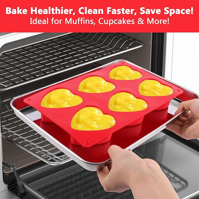 3-Pack 6-Cup Silicone Muffin Pans, Nonstick Cupcake Baking Molds, BPA/PFA-Free, Dishwasher & Oven Safe Heart-shaped Red