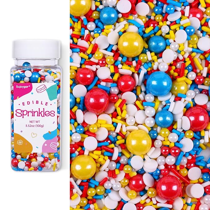 Red Blue and Yellow Sprinkles for Cake Decorating, 3.52oz Funfetti Edible Pearl Sprinkles for Cupcake Baking Ice Cream Cookie, Party Cake Decoration