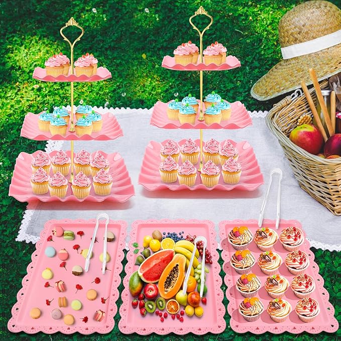 Coitak 8 Pieces Cupcake Stand Set, 2 PCS 3 Tier Cupcake Stands with 3 PCS Appetizer Trays, 3 PCS Serving Tongs, Dessert Tower Tray for Tea Party (Pink)