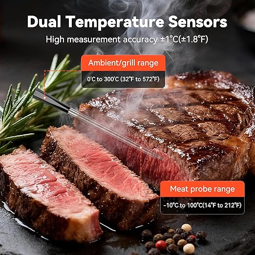 Smart Bluetooth Wireless Meat Thermometer with APP, Wireless BBQ Grill Thermometer for Oven, Smoker, Air Fryer & Kitchen Cooking, Instant Read Digital Probe with Alarm, Long Range & Rechargeable