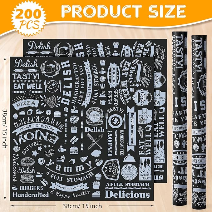 200 Pcs Deli Wax Paper Sheets 15 x 15 Inch Large Newsprint Sandwich Paper Wraps Greaseproof Food Basket Liners Newspaper Wrapping Square for Halloween Christmas Burger Bread BBQ Picnic (Black White)