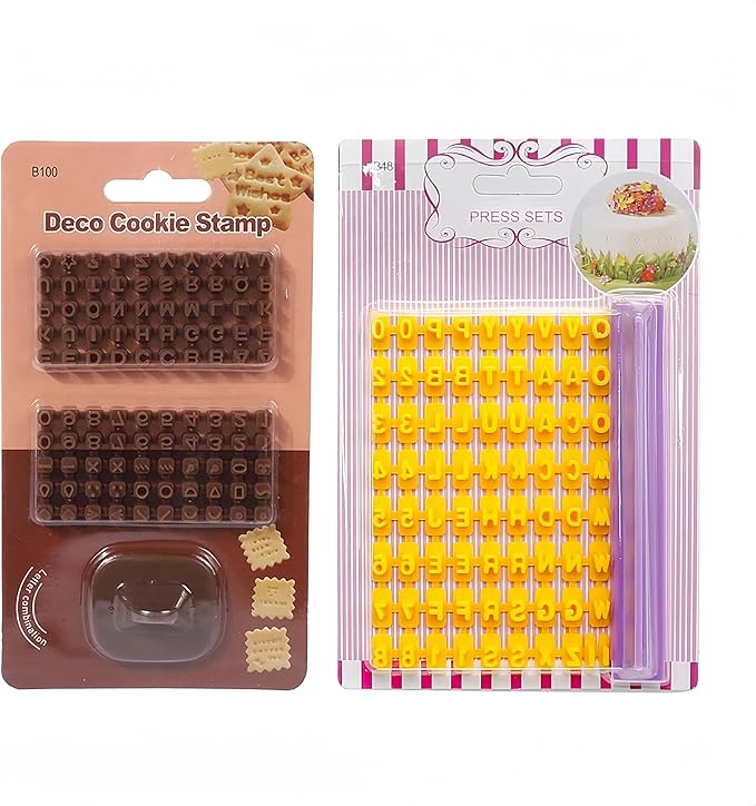2 Sets Letter Stamps for Clay-Pottery Stamps with Double Small Alphabet & Numeric Symbols, Also Used as Cookie Stamps Letters & Clay Letter Stamps (Brown and Yellow)