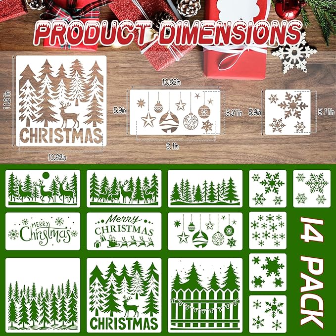 14 Pcs Large Christmas Stencils for Painting, Reusable Plastic Holiday Craft Templates, Christmas Window Stencils for Wood, Wall, Fabric & Doormat, DIY Snowflake Deer Forest Christmas Decorations