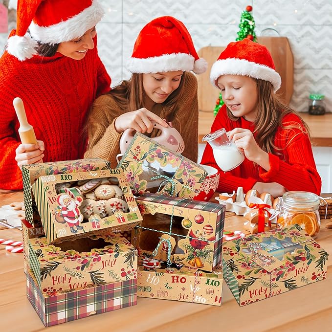 Zachely 24 Christmas Cookie Boxes, Bulk Large Christmas Kraft Paper Treat Boxes with Tags & Ribbons, 6 Styles Holiday Cookie Boxes for Gift Giving, Xmas Cookie Tins with Lids for Cake, Bakery, Donuts