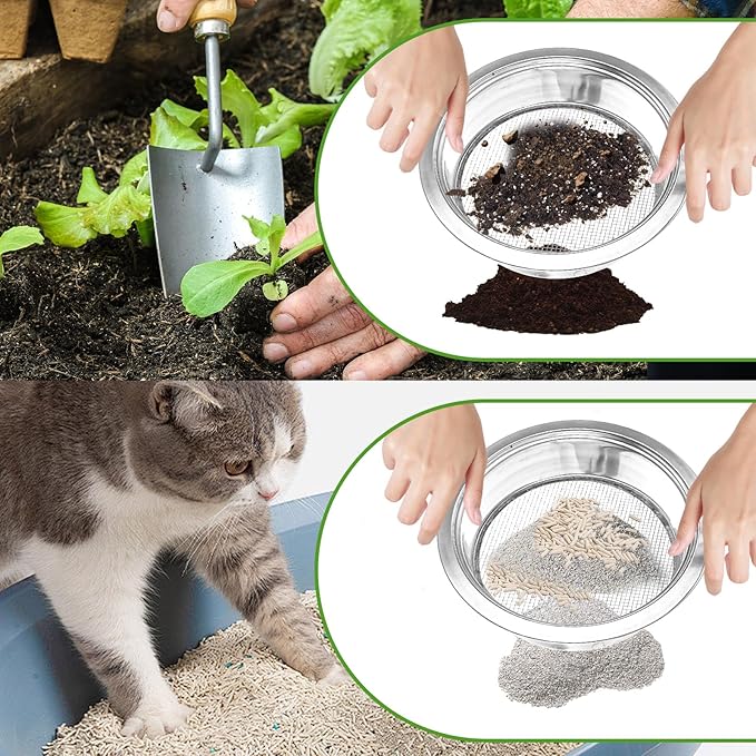 Soil Sifter for Gardening Stainless Steel Soil Sifting Pan Round Sifter for Rocks with 1,3,6,9,12mm Sieve Mesh Bonsai Soils Scoops and Garden Mat Set Garden Sieve Soils Sifters for Gravel, Sand