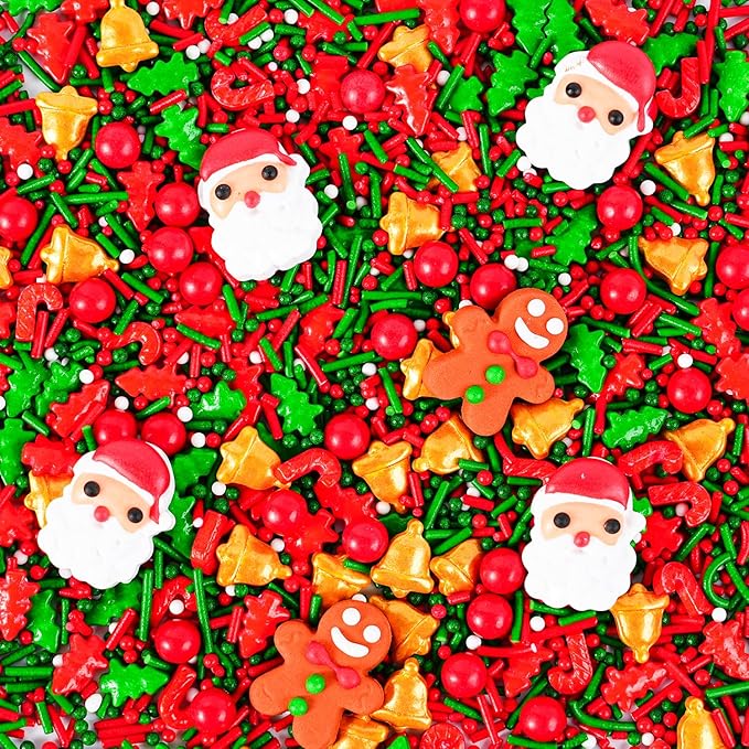 Christmas Sprinkles Mix with 4 Santa & 2 Gingerbread Man Icing Decorations - 4.2oz Red Green Jimmies, Nonpareils, Trees, Candy Canes Holidy Sprinkles for Cake Cookie Cupcake Xmas Decorations