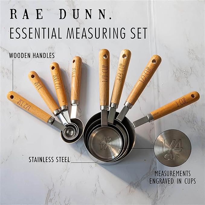 8 Piece Measuring Cups Set and Measuring Spoons Set-Nesting Kitchen Measuring Set, Liquid and Dry Measuring Cup Set (Wood)